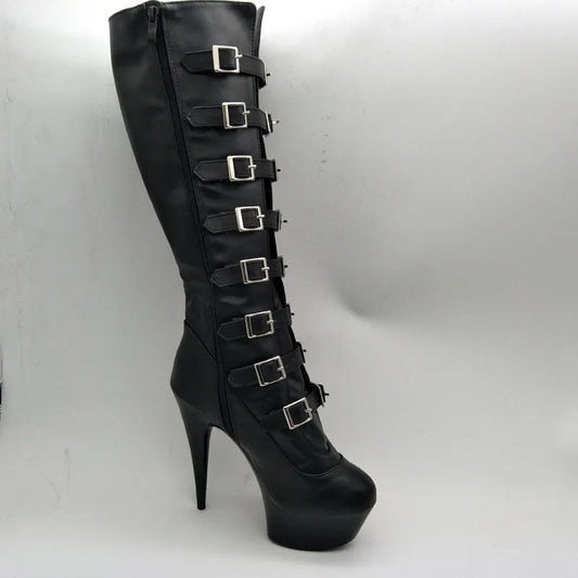 LAIJIANJINXIA Buckle Black Knee-High Boots