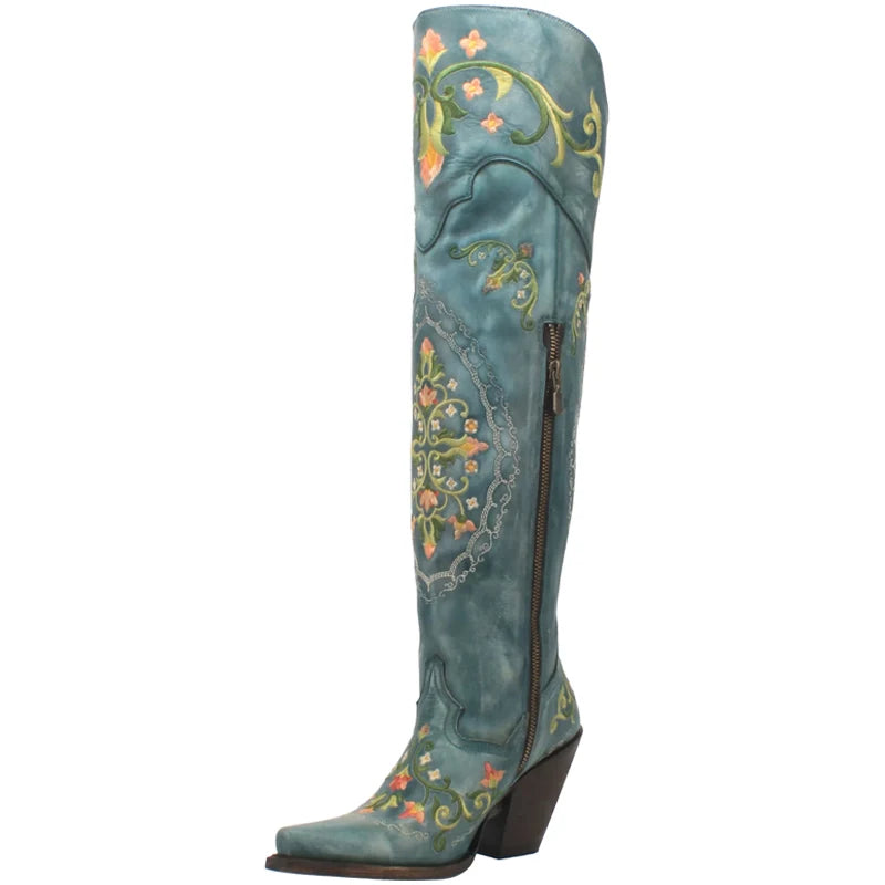 Vintage Blue Leather Flower Embroidery Knee Boots S