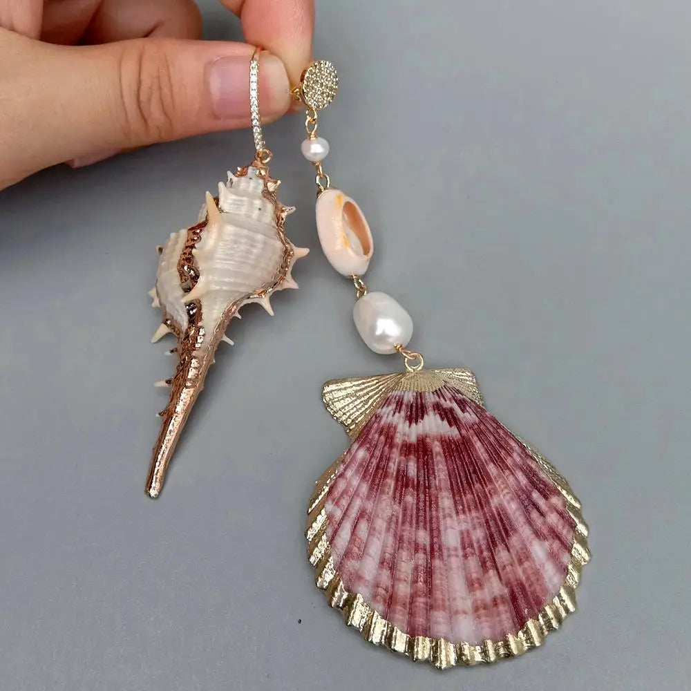 Y·YING Natural Sea Shell White Rice Pearl Asymmetric Dangle Earrings