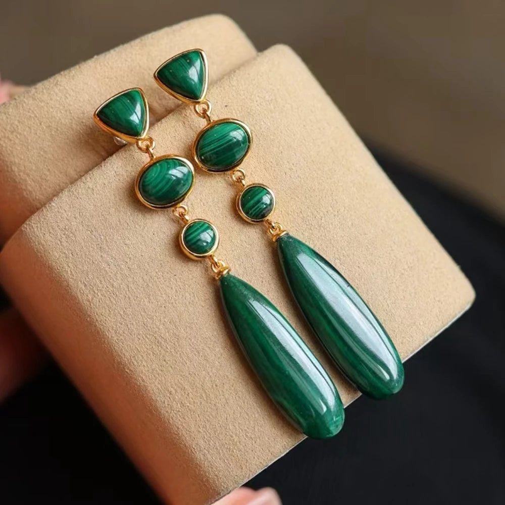 KQDANCE Real 925 Sterling Silver With Natural Gem Stone Green Malachite Drop Earrings