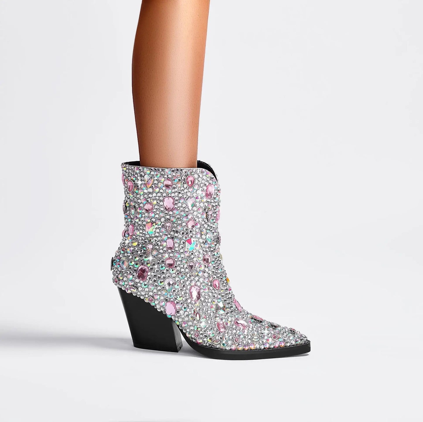 Pointed Rhinestone Ankle Boots Western Cowboy Boots