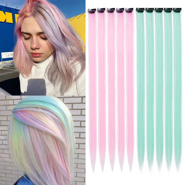 10Packs Straight Colored Clip-In Hair One Piece Long Synthetic Rainbow 22 Inchhair ex