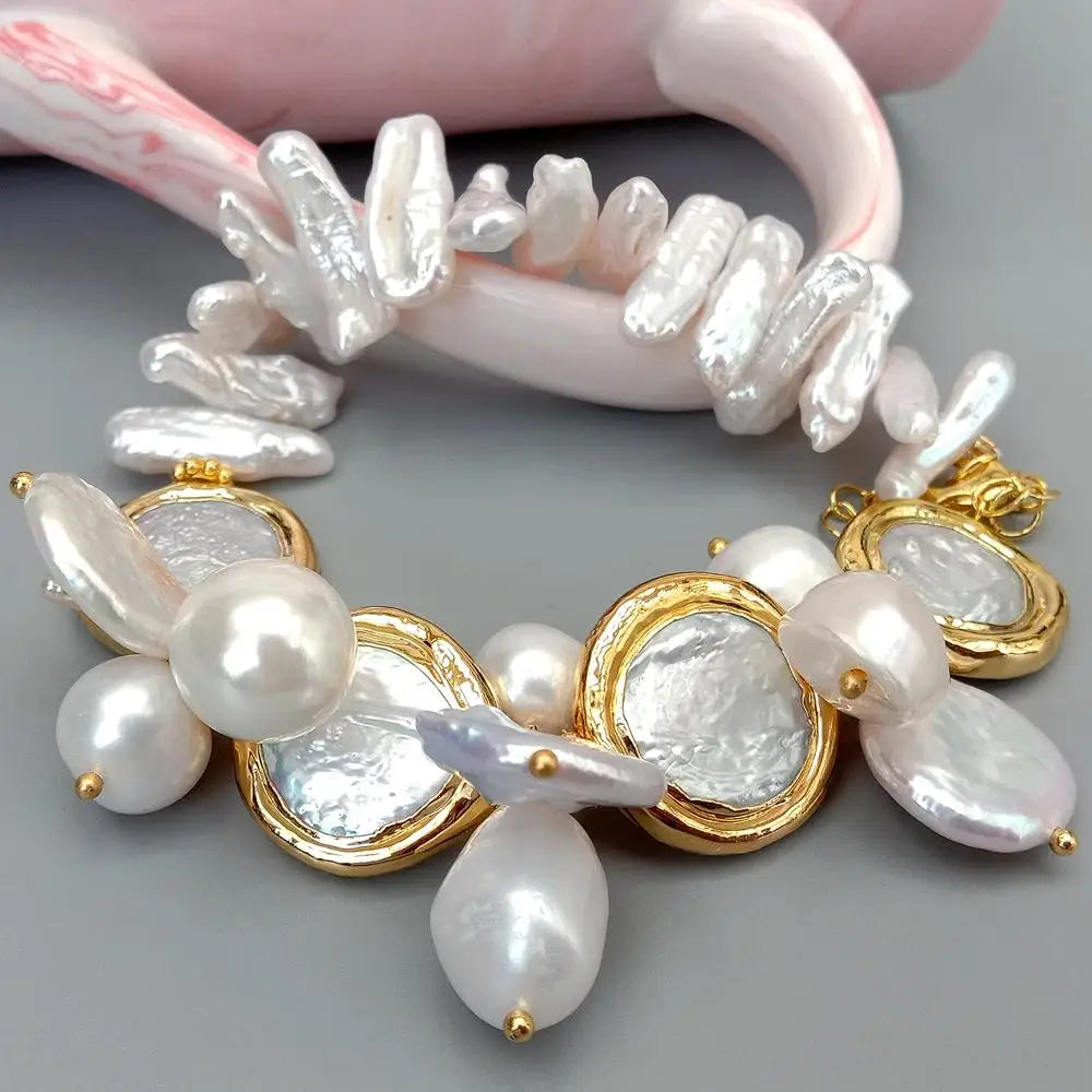 Y·YING Natural Multi Shape Freshwater Pearl Sea Shell Pearl Gold plated Bracelet 8"