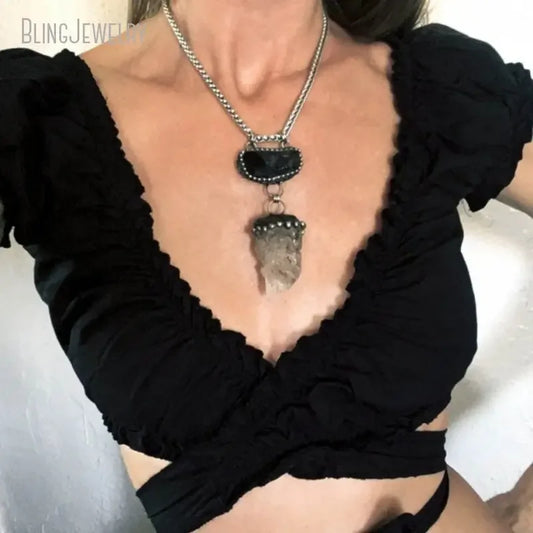 Raw Black Tourmaline Herkimer Quartz Crystal Necklace