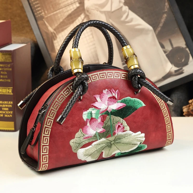 Vintage Leather Flower Embroidery Cowhide Portable Shell Bags
