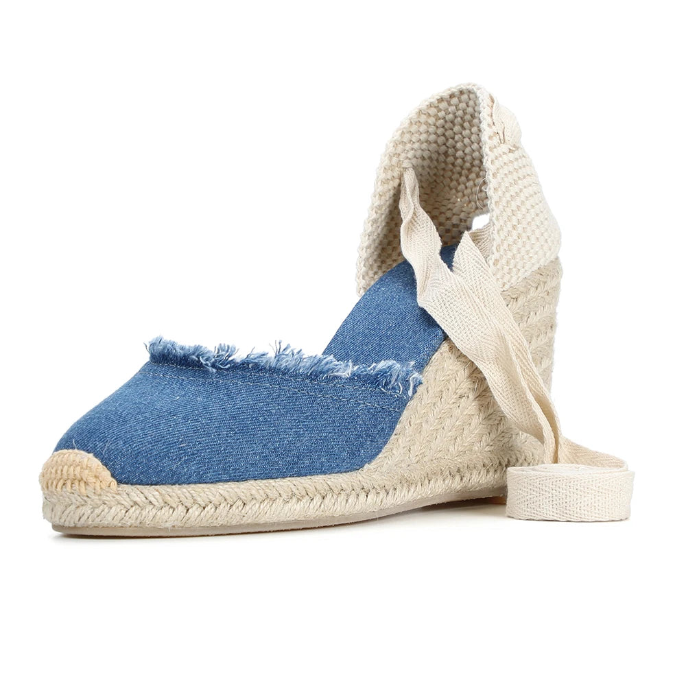 9cm Denim Sandals Espadrilles Wedge For With Ankle Strap
