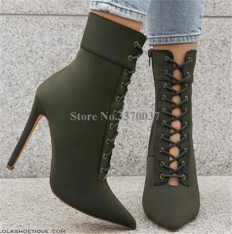 Linamong Pointed Toe Suede Leather Stiletto Short Boots Y