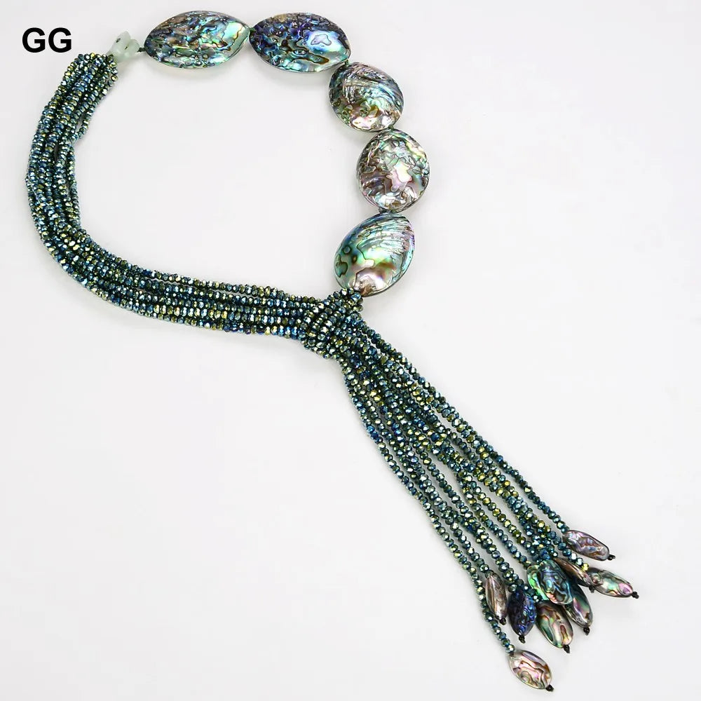 GG Natural 22" Paua Abalone Shell Green Crystal Pendant Necklace