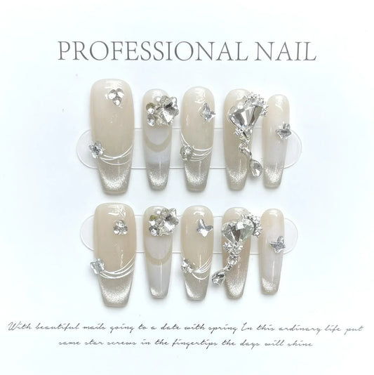 10Pcs Long Handmade Press On Nails - French ballet