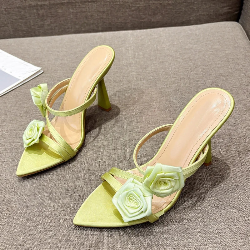 Liyke Fashion Design Green Silk Rose Flowers Slippers Sandal