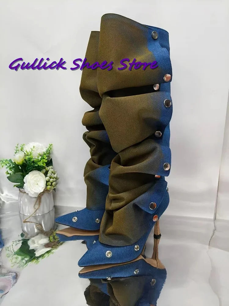 Pleated Mixed Color Long Stiletto Boots- Metal Rivets