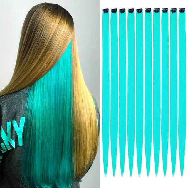 10Packs Straight Colored Clip-In Hair One Piece Long Synthetic Rainbow 22 Inchhair ex