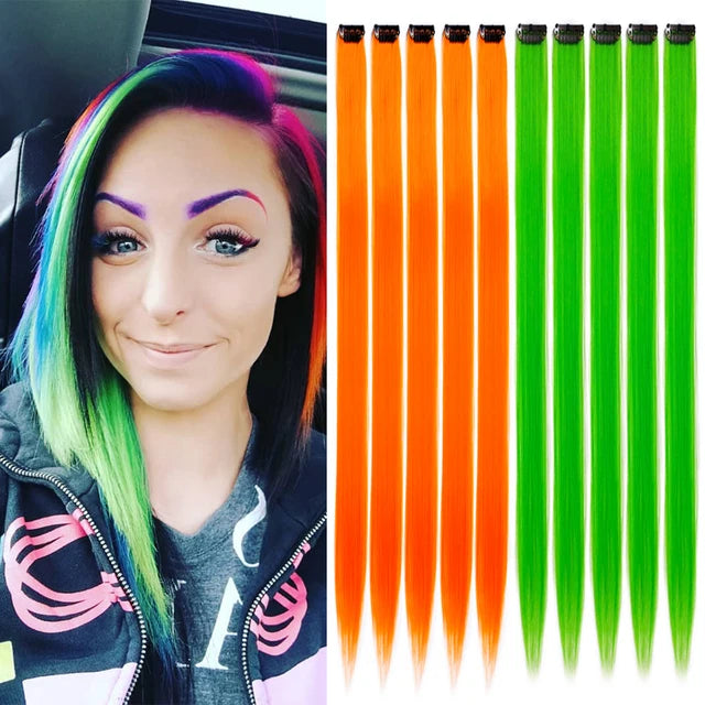 10Packs Straight Colored Clip-In Hair One Piece Long Synthetic Rainbow 22 Inchhair ex