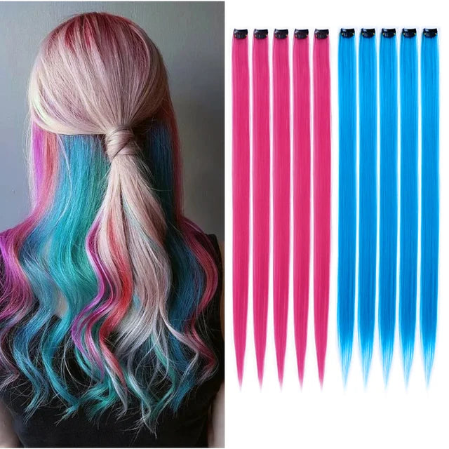 10Packs Straight Colored Clip-In Hair One Piece Long Synthetic Rainbow 22 Inchhair ex