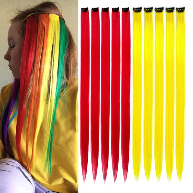 10Packs Straight Colored Clip-In Hair One Piece Long Synthetic Rainbow 22 Inchhair ex