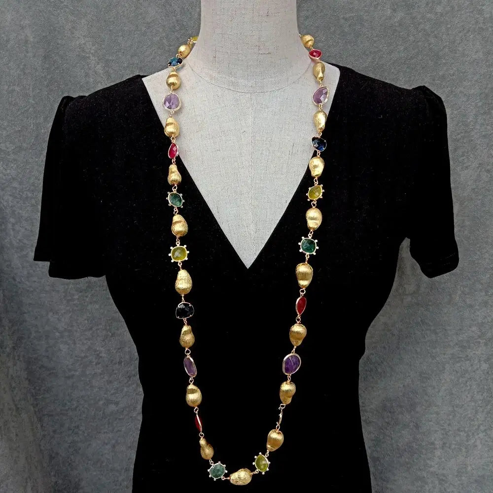 Y·YING Natural Stone Fluorite Lemon Quartz Amethyst Jade Long Necklace