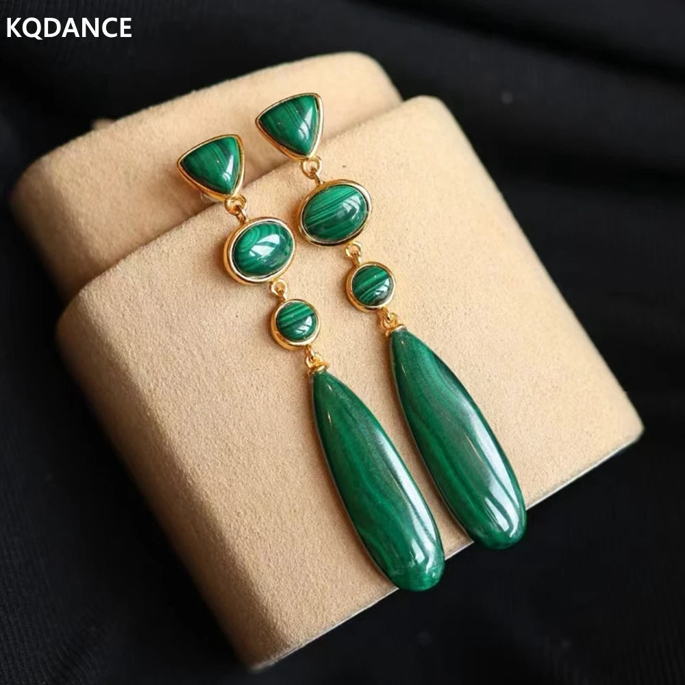 KQDANCE Real 925 Sterling Silver With Natural Gem Stone Green Malachite Drop Earrings