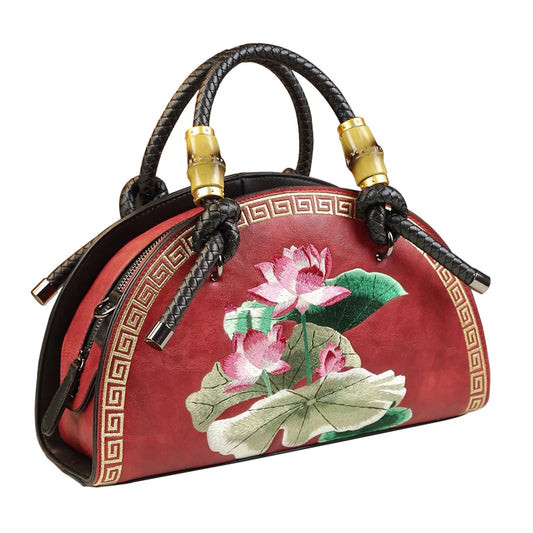 Vintage Leather Flower Embroidery Cowhide Portable Shell Bags