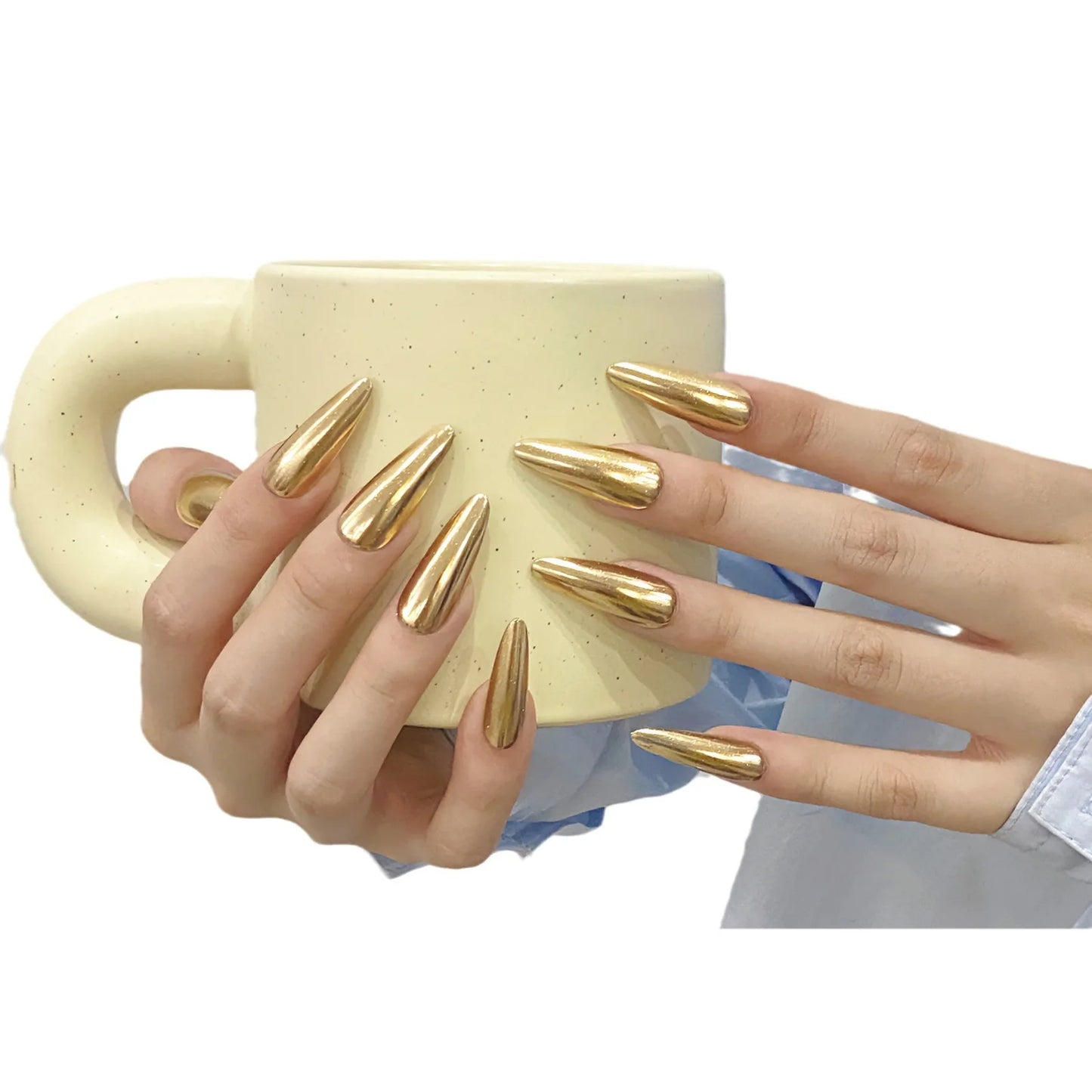 10Pcs Handmade Almond Press on Nails Champagne Gold Design