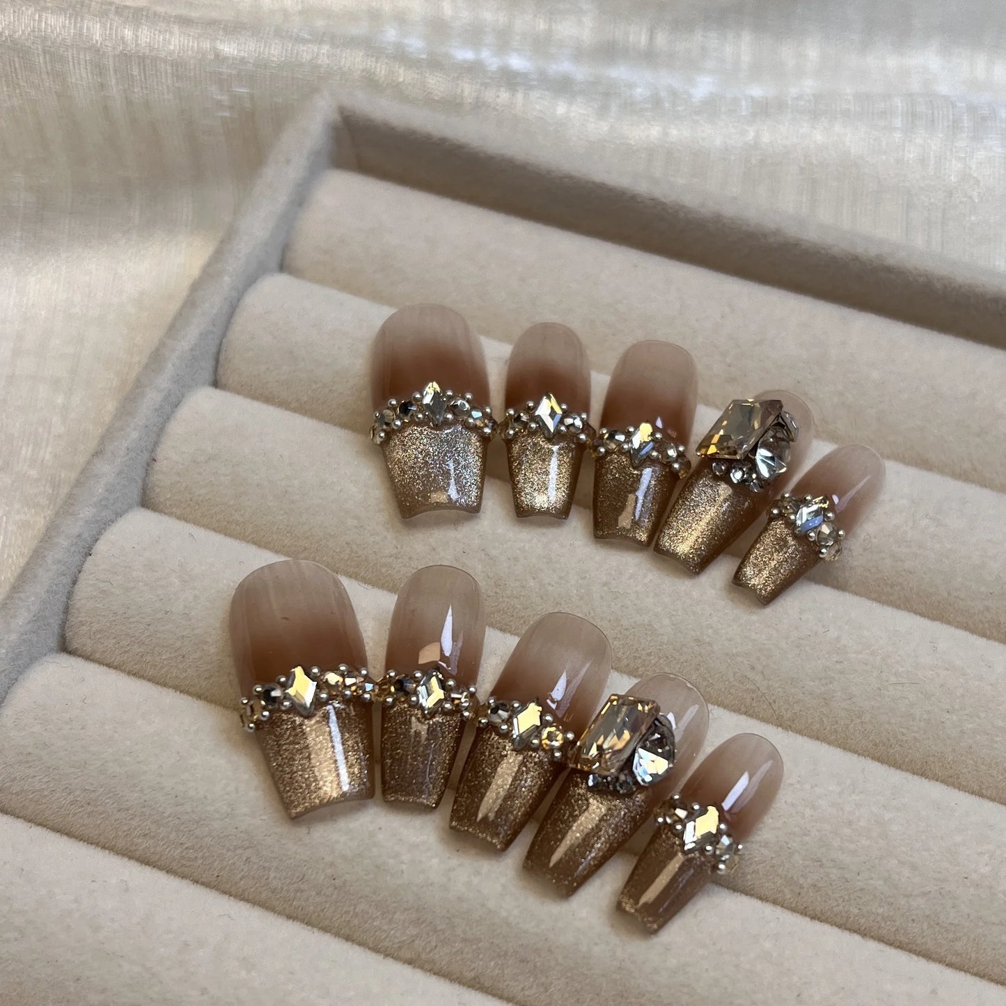 10 pcs Luxury Handmade Press on Nails - Middle French with Rhinestone Design