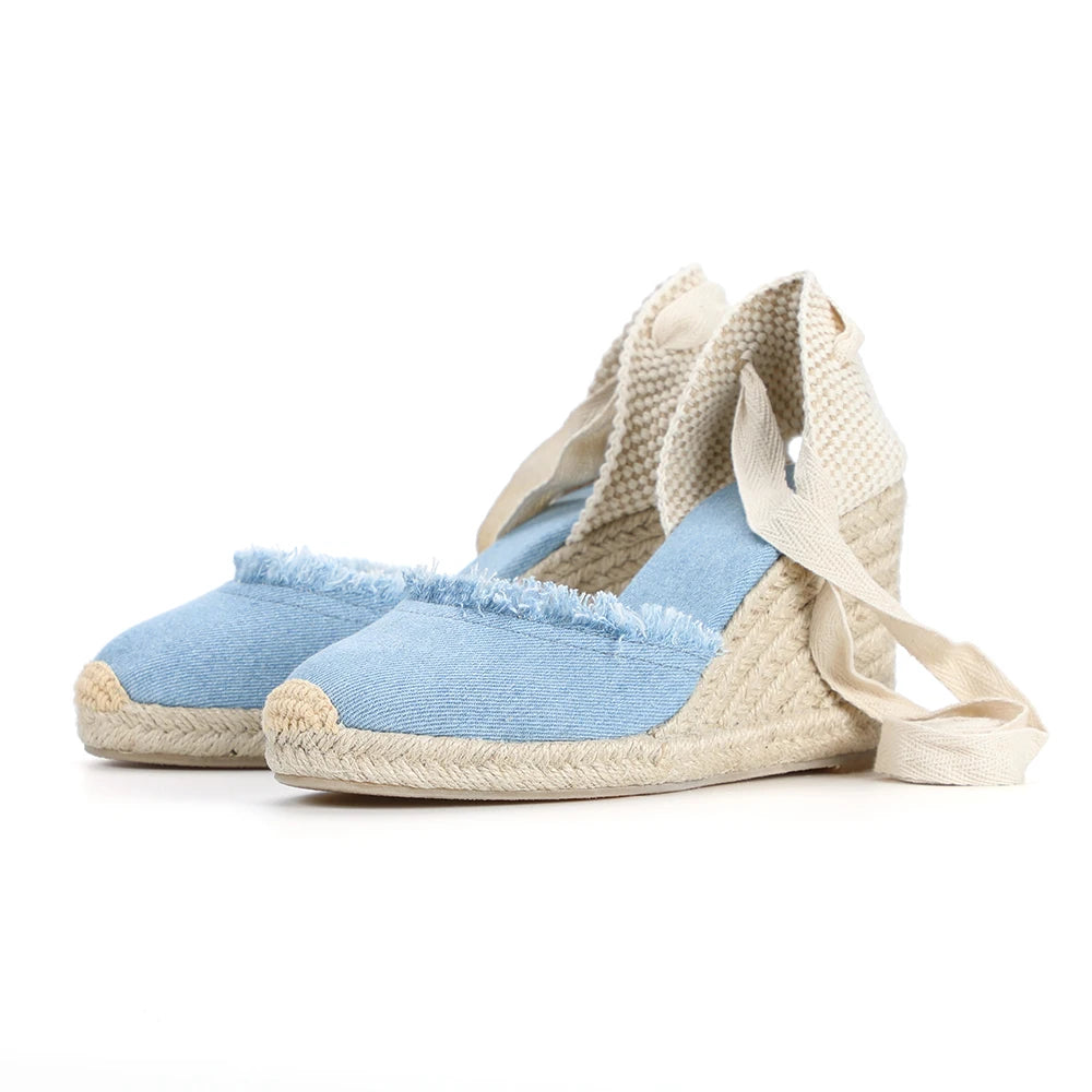 9cm Denim Sandals Espadrilles Wedge For With Ankle Strap