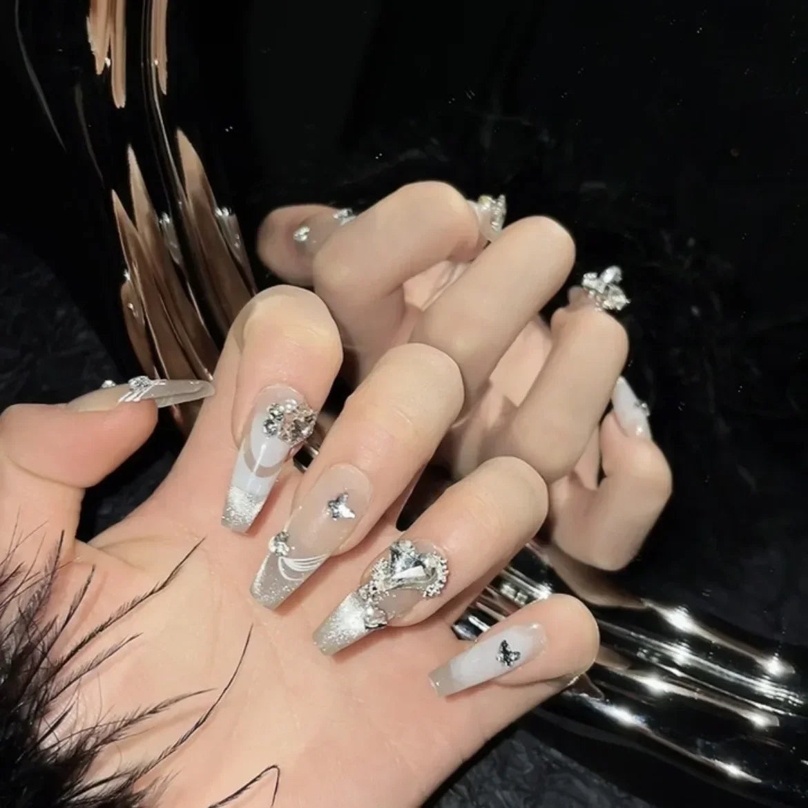 10Pcs Long Handmade Press On Nails - French ballet