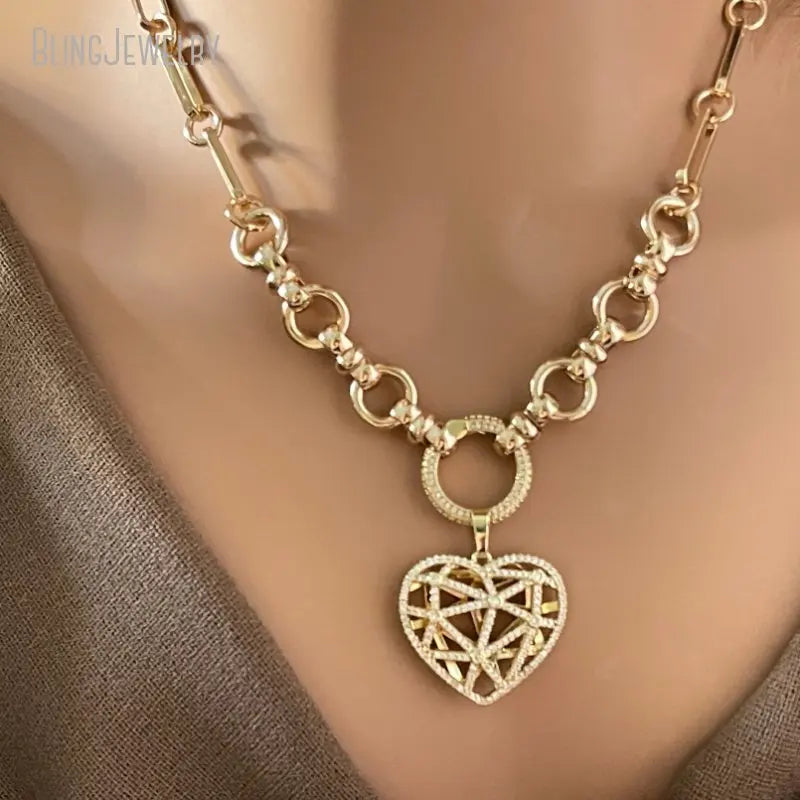 Multi Link Chain Latticework Floating Heart Pendant Necklace