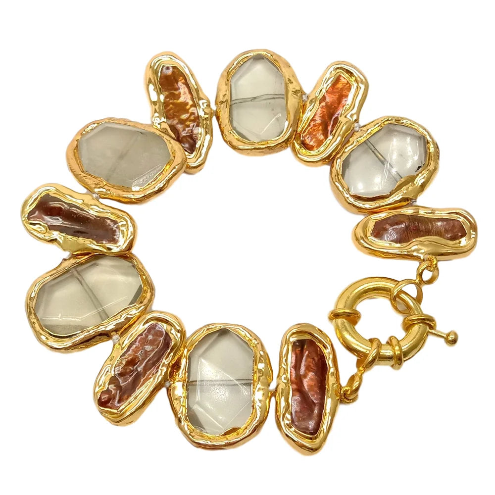 Y·YING Cultured Freshwater Brown Biwa Pearl Pearl Lemon Quartzs Necklace Bracelet Earrings Set