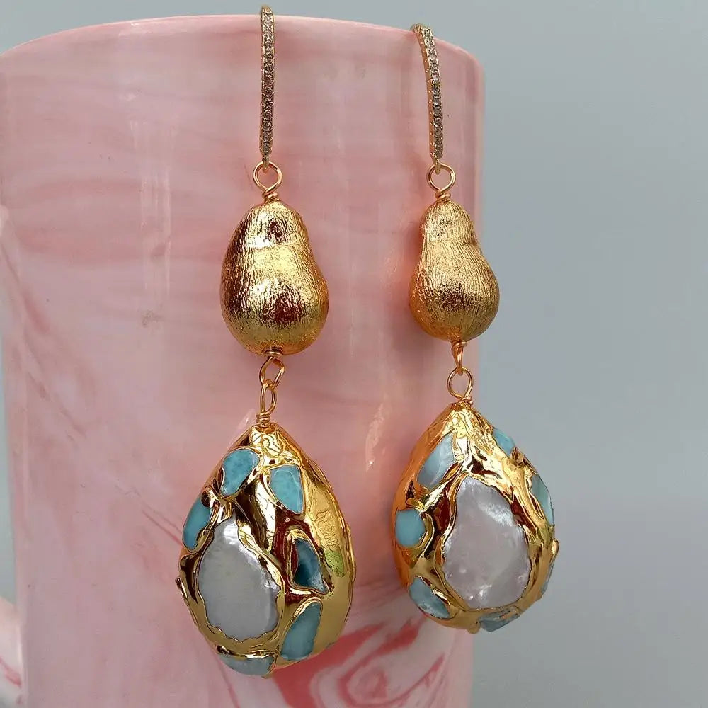 Y·YING natural Cultured White Pearl Teardrop Shape Dangle Hook Earrings