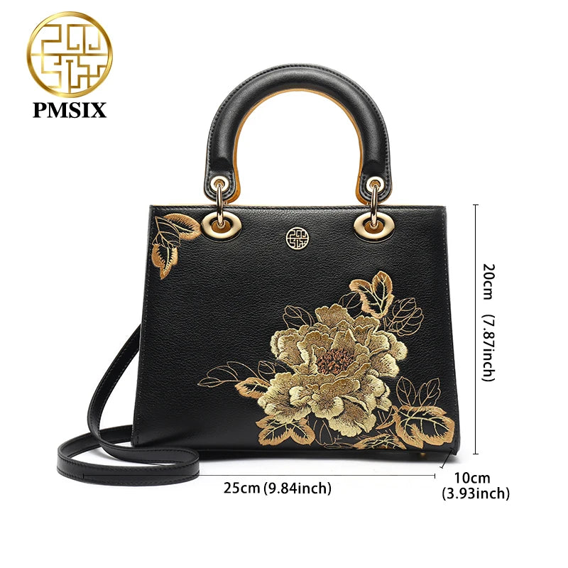 PMSIX Embroidery Gold Flowers Genuine Leather Handbag