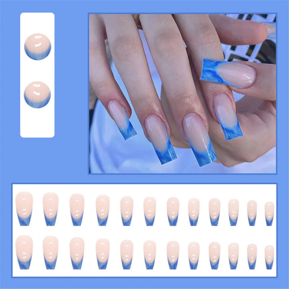 Fashion False Nails Set Press On Blue Blooming French Tips