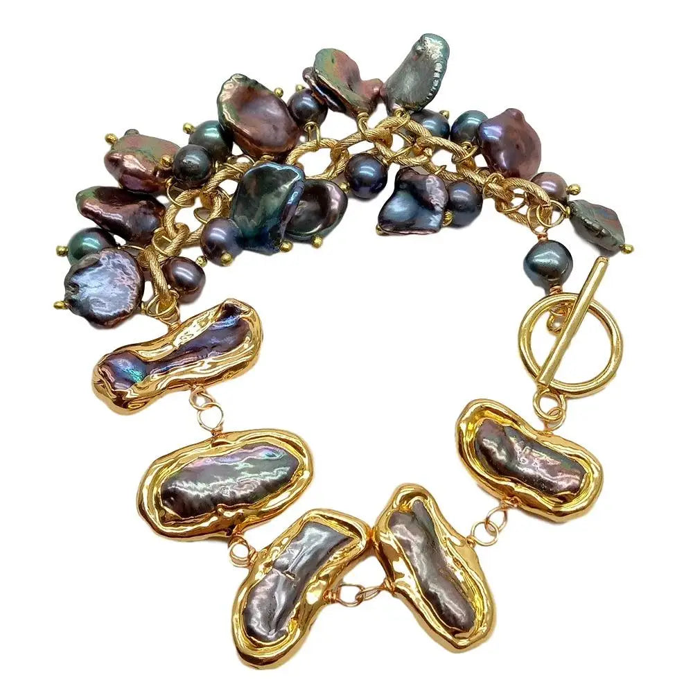 Y·YING Punk Natural Cultured Black Biwa Freshwater Pearl Bracelet 8"