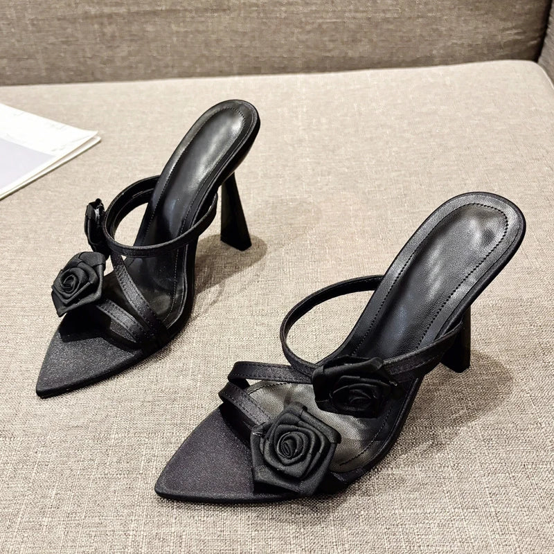 Liyke Fashion Design Green Silk Rose Flowers Slippers Sandal