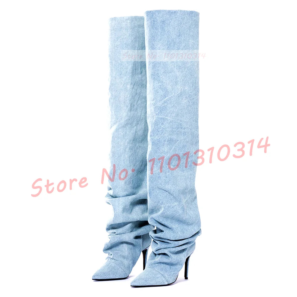 Pointy Denim Thigh High Boots