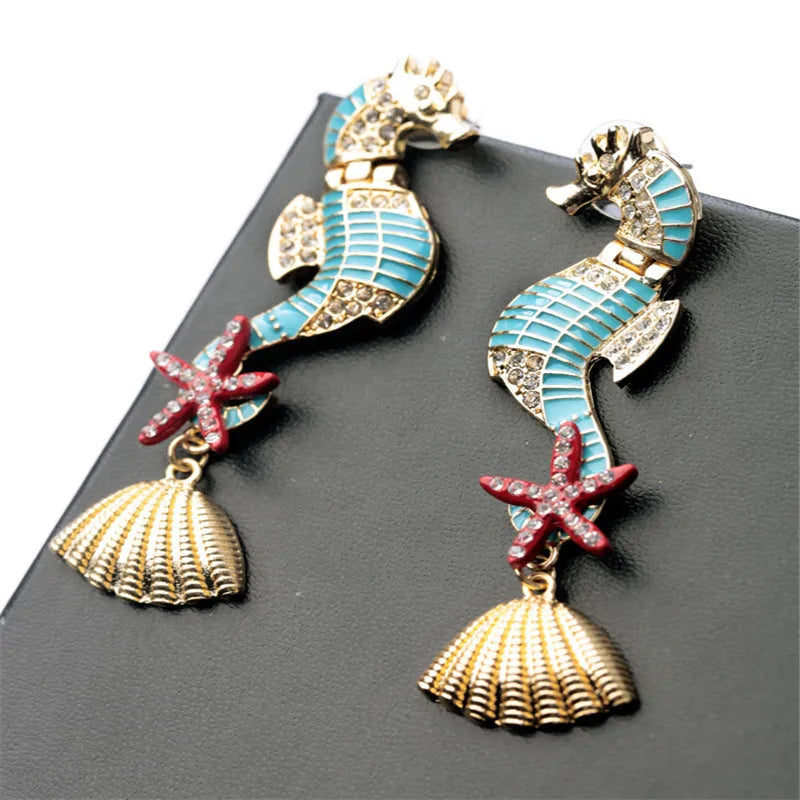 LUBOV Gorgeous Sea Horses Starfish Seashell Statement Earrings