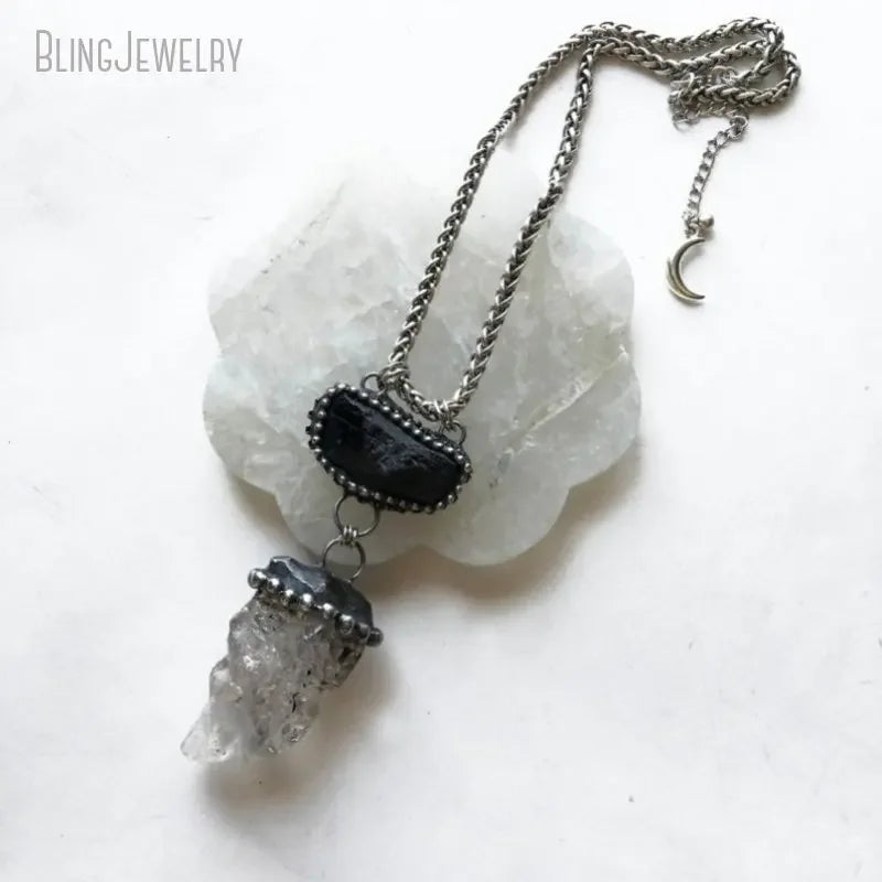 Raw Black Tourmaline Herkimer Quartz Crystal Necklace