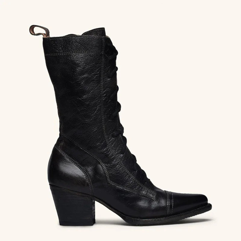 Linamong Vintage Style Green Brown Leather Patchwork Boots