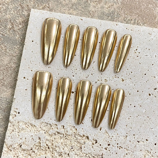 10Pcs Handmade Almond Press on Nails Champagne Gold Design