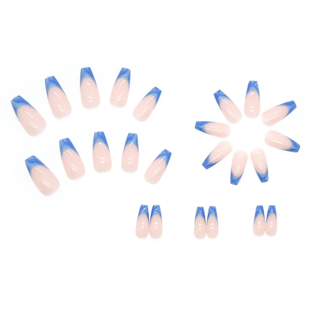 Fashion False Nails Set Press On Blue Blooming French Tips