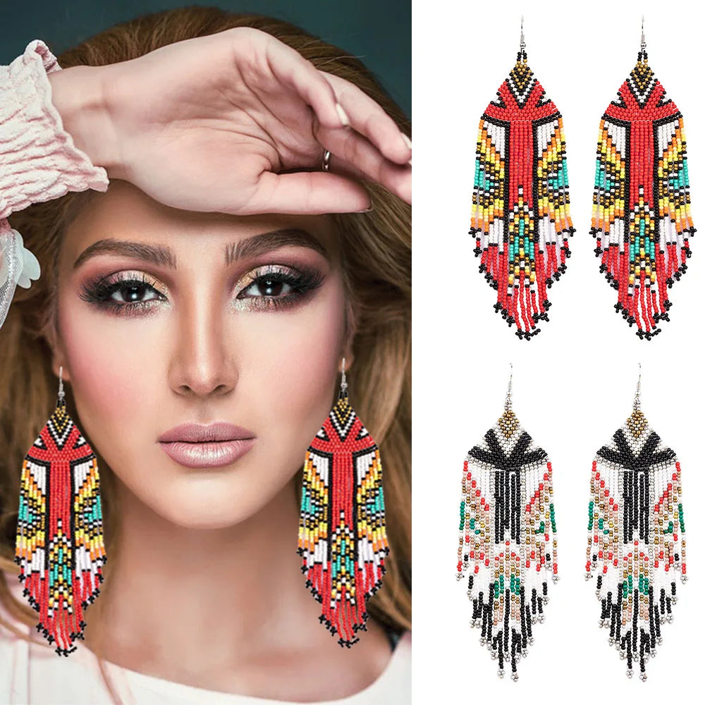 Kaseakia Flag Long Beaded Tassel Dangle Earrings