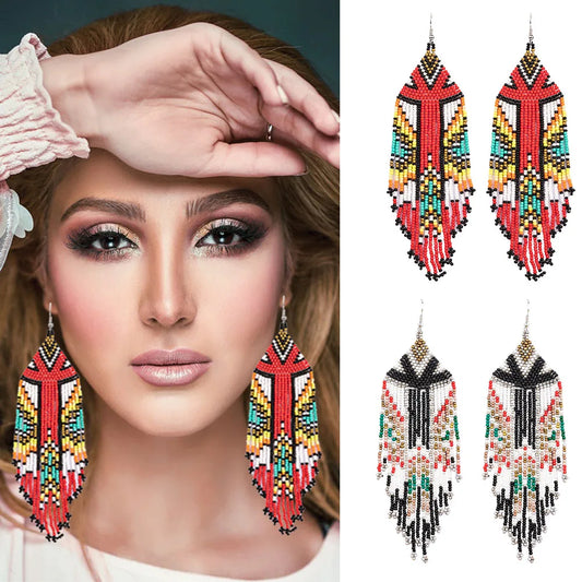Kaseakia Flag Long Beaded Tassel Dangle Earrings
