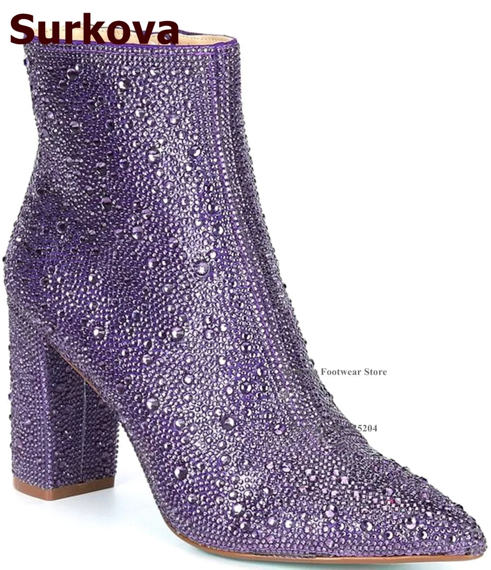 Surkova Glitter Crystal Chunky Heel Ankle Boots
