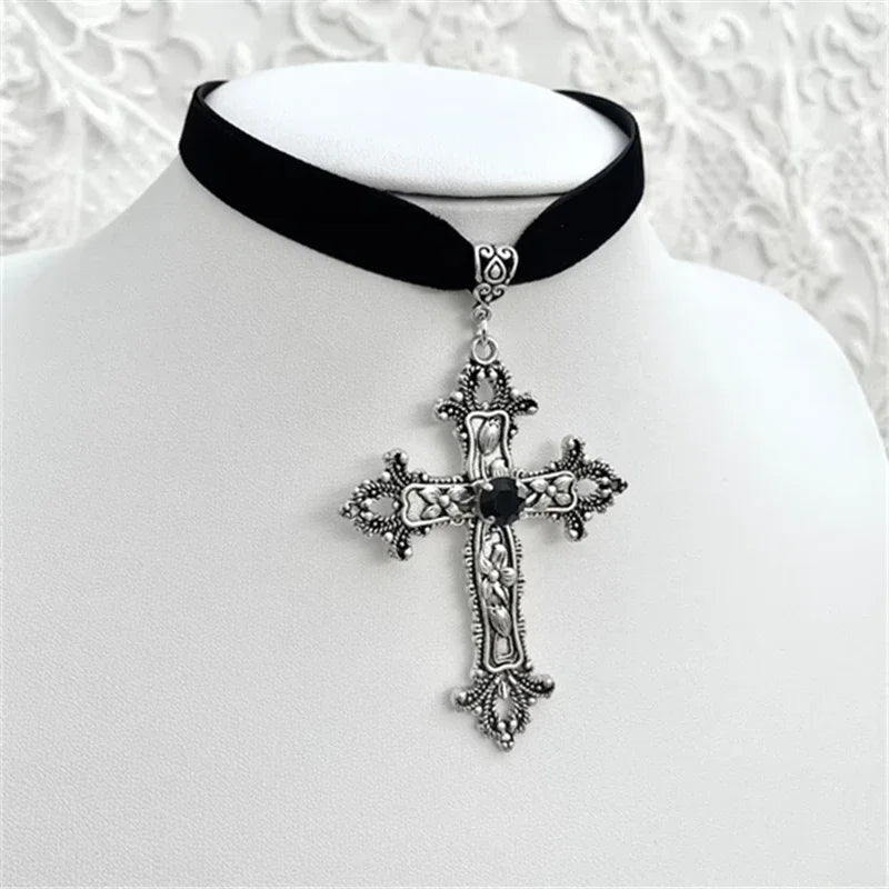 Goth Limited Black Velvet Cross Bead Choker