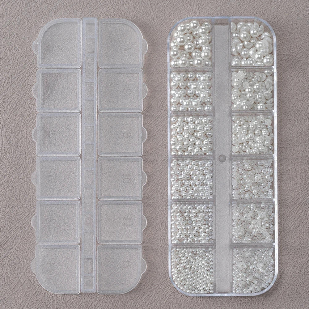 Round White Pearls Nail Beads Nail Charms 12 grids (0.15-0.5cm) - Caviar Beads Nail Art Deco