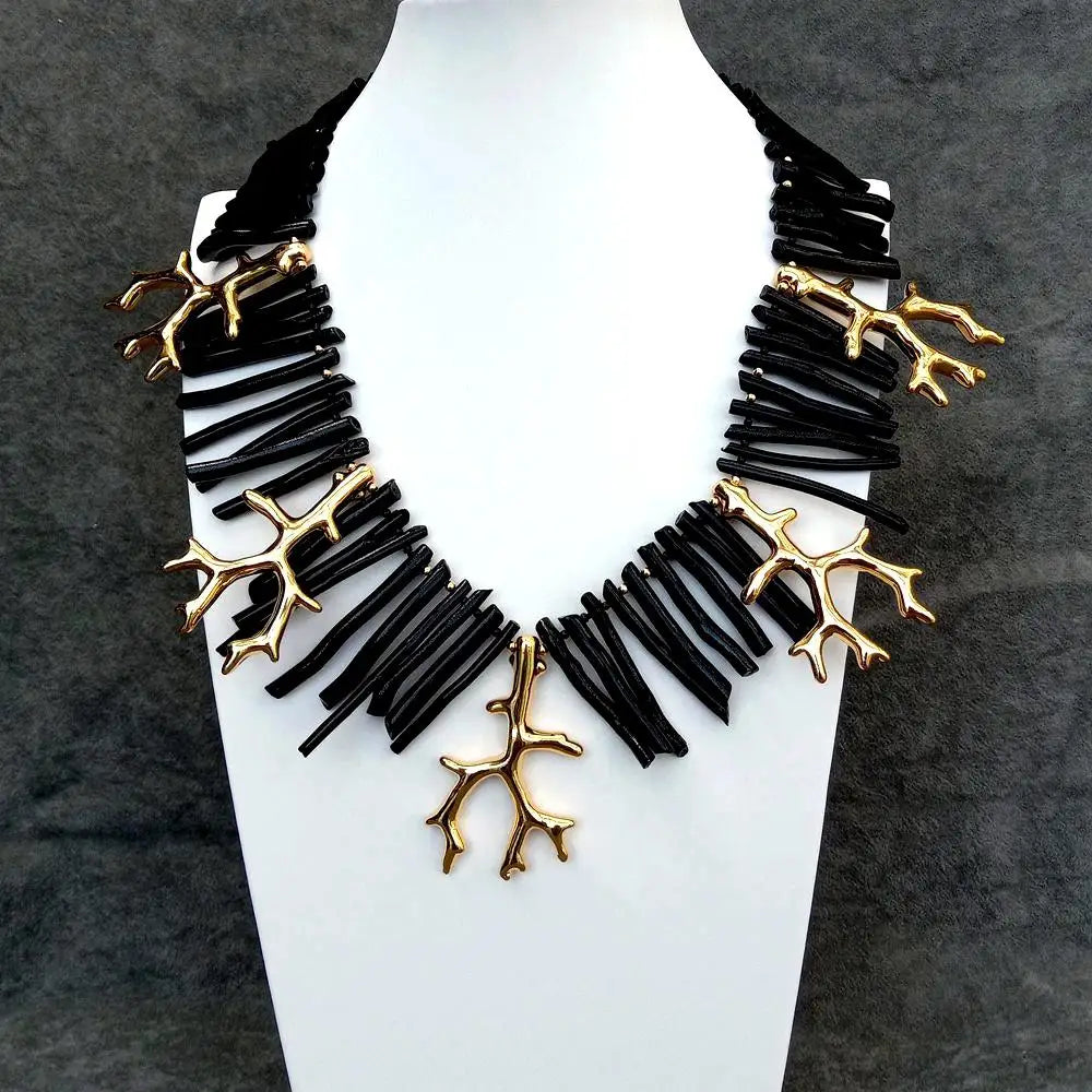 Y.YING Black Coral Golden Resin Branch Necklace