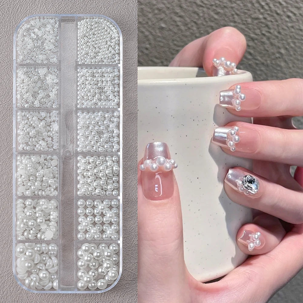 Round White Pearls Nail Beads Nail Charms 12 grids (0.15-0.5cm) - Caviar Beads Nail Art Deco