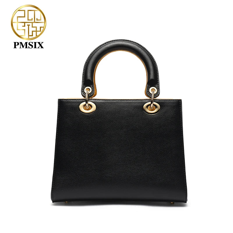 PMSIX Embroidery Gold Flowers Genuine Leather Handbag