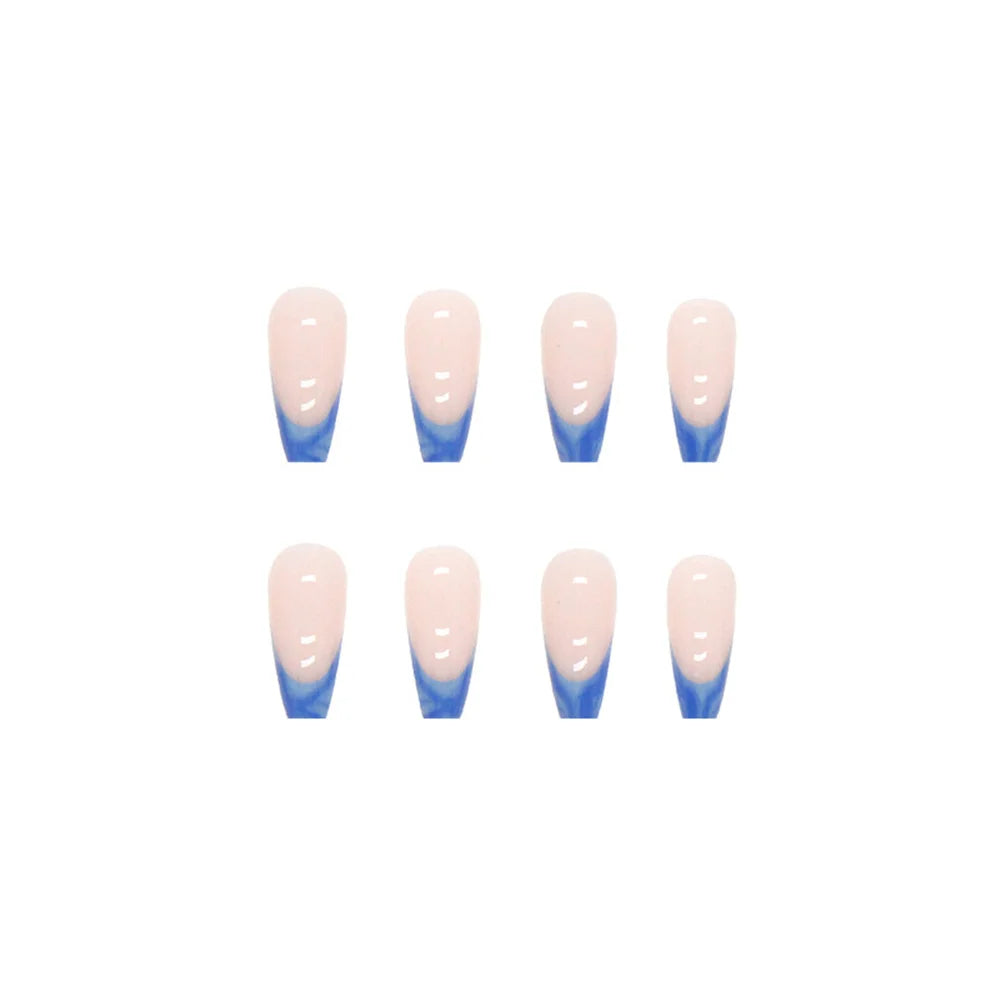 Fashion False Nails Set Press On Blue Blooming French Tips
