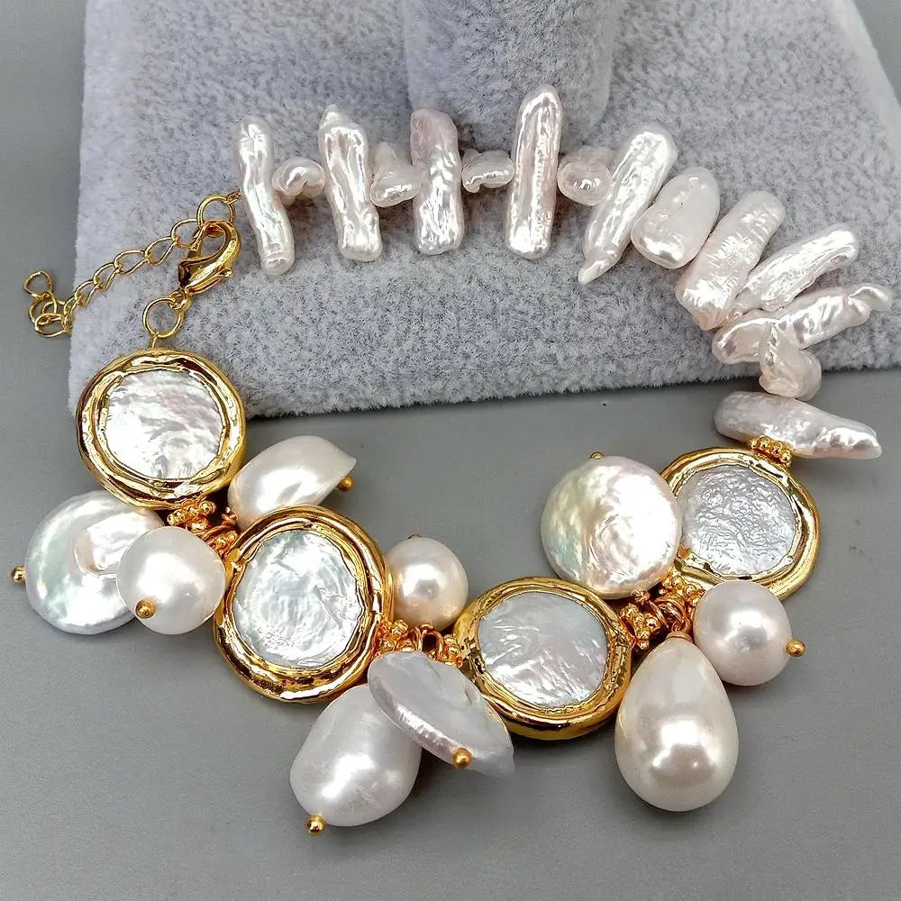 Y·YING Natural Multi Shape Freshwater Pearl Sea Shell Pearl Gold plated Bracelet 8"