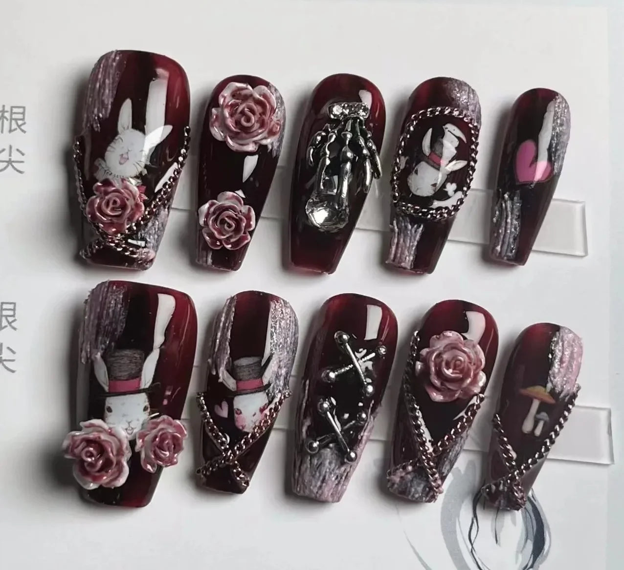 Handmade Beautiful Y2k Press on Nails Goth Style Black and Red - Halloween